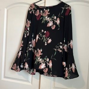 Vince Camino Black and Pink Floral Blouse with Bell Sleeves